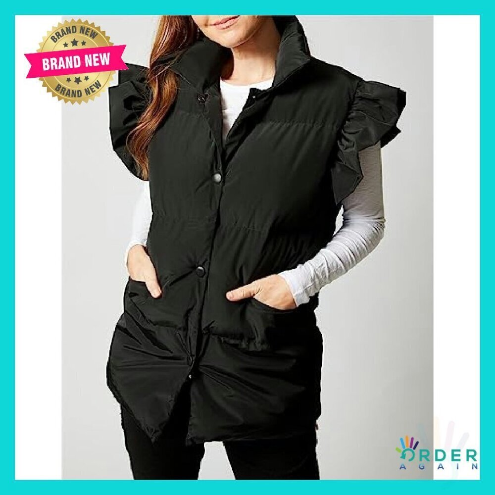 Ruffle Sleeve Puffer Vest Button Down Padded Gilet Chic Winter Outerwear - Picture 3 of 8